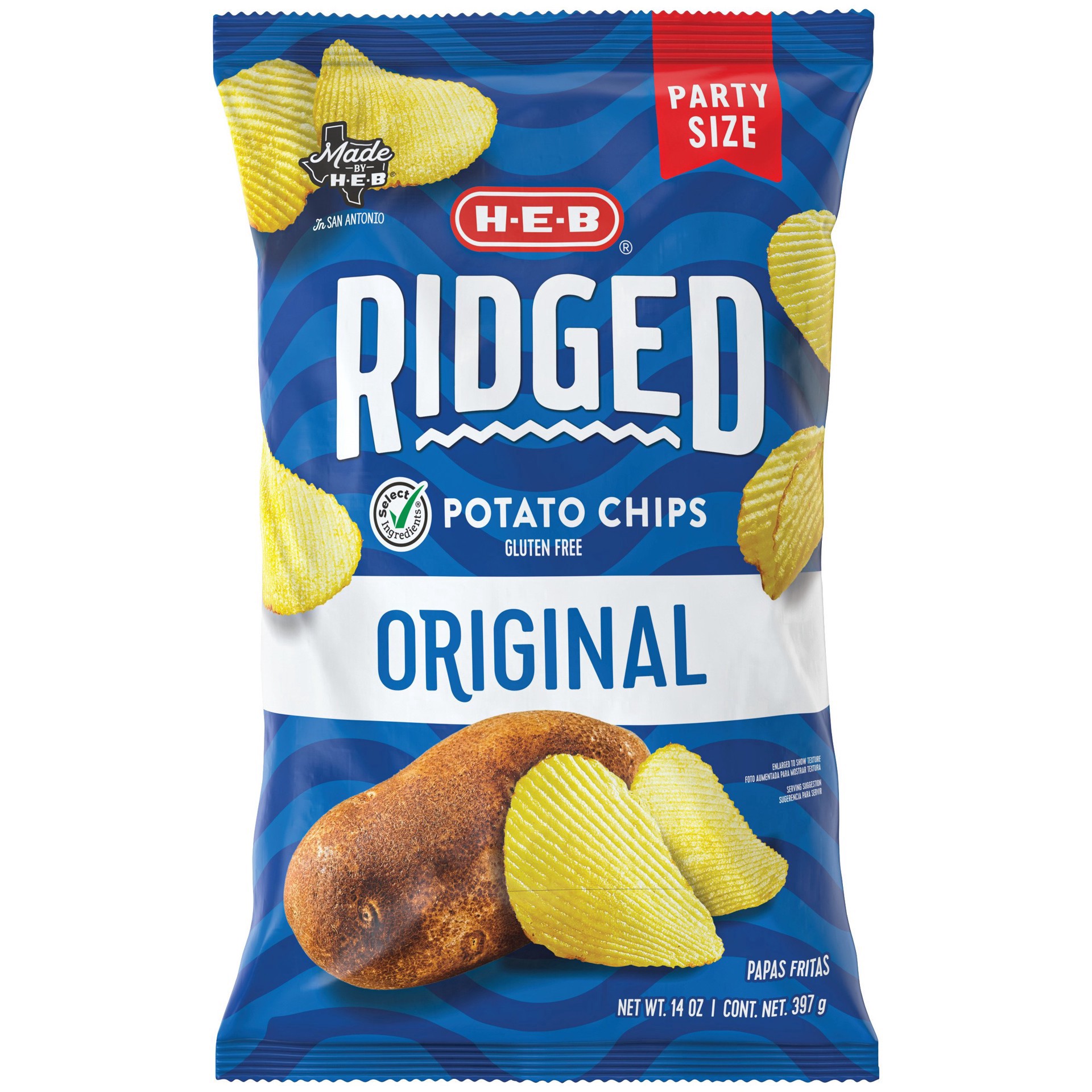 slide 1 of 1, H-E-B Ridged Potato Chips – Original, Party Size, 14 oz