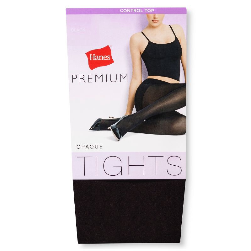 slide 3 of 3, Hanes Premium Women's 2pk Opaque Tights - Black S: High Waisted, Control Top, Seamless Toe, Nylon-Spandex Blend, 2 ct