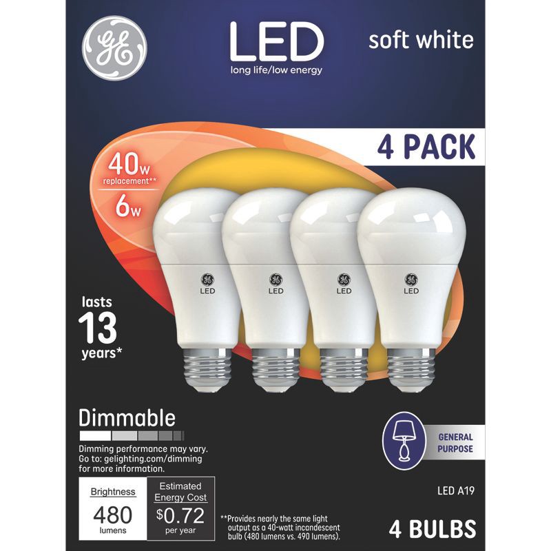 slide 1 of 3, GE Household Lighting GE 4pk 40W A19 LED Light Bulb Soft White: Dimmable E26 Base, Energy Star Certified, 480 Lumens, 2700K, 13.7-Year Life, 4 ct