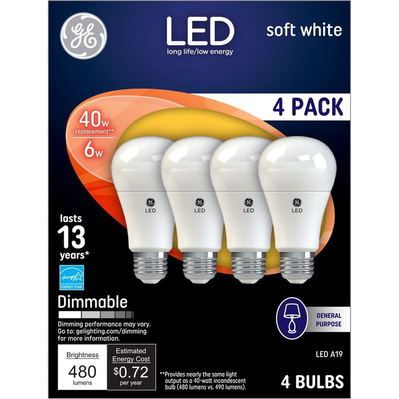 slide 1 of 3, GE Household Lighting GE 4pk 40W A19 LED Light Bulb Soft White: Dimmable E26 Base, Energy Star Certified, 480 Lumens, 2700K, 13.7-Year Life, 4 ct