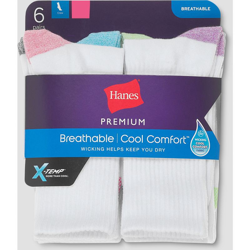 slide 2 of 2, Hanes Premium Women's 6pk Cool Comfort Lightweight Crew Socks - White/Blue 5-9: Midweight Knit Socks, Banded Cuff, 6 ct