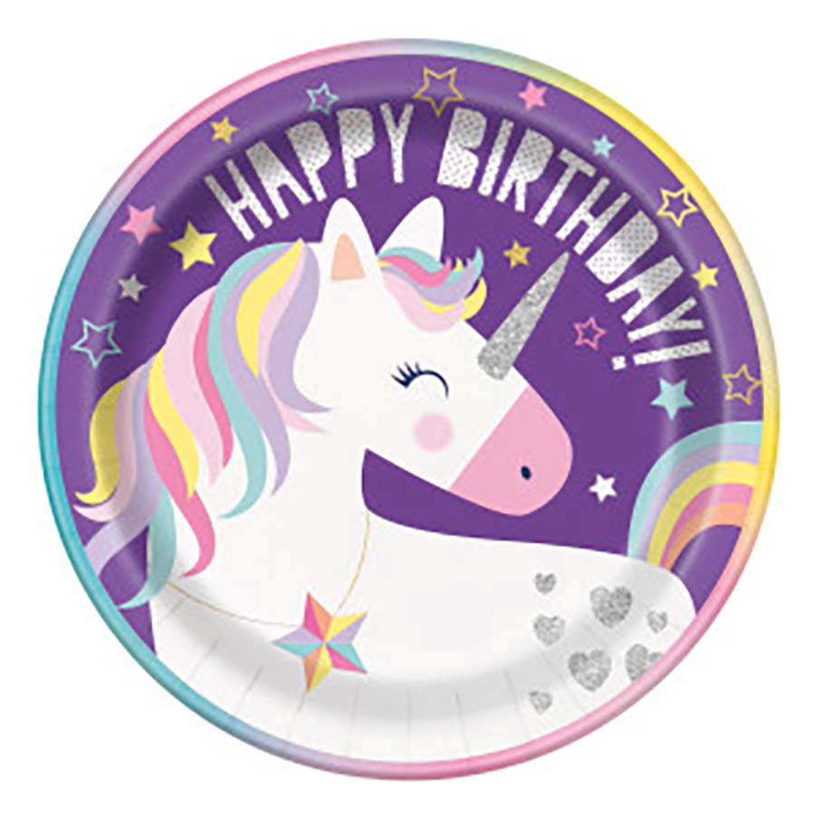 slide 1 of 1, Unique Industries Unique Happy Birthday! Unicorn Purple Paper Dinner Plates, 8 ct