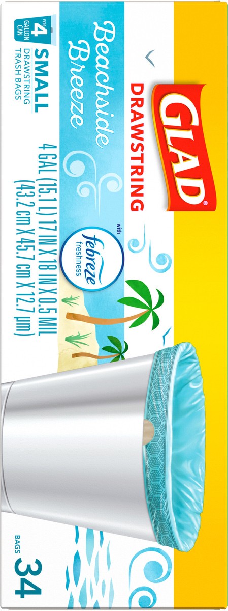 slide 3 of 8, Glad OdorShield Small Drawstring Febreze Beachside Breeze Trash Bags, 34 ct