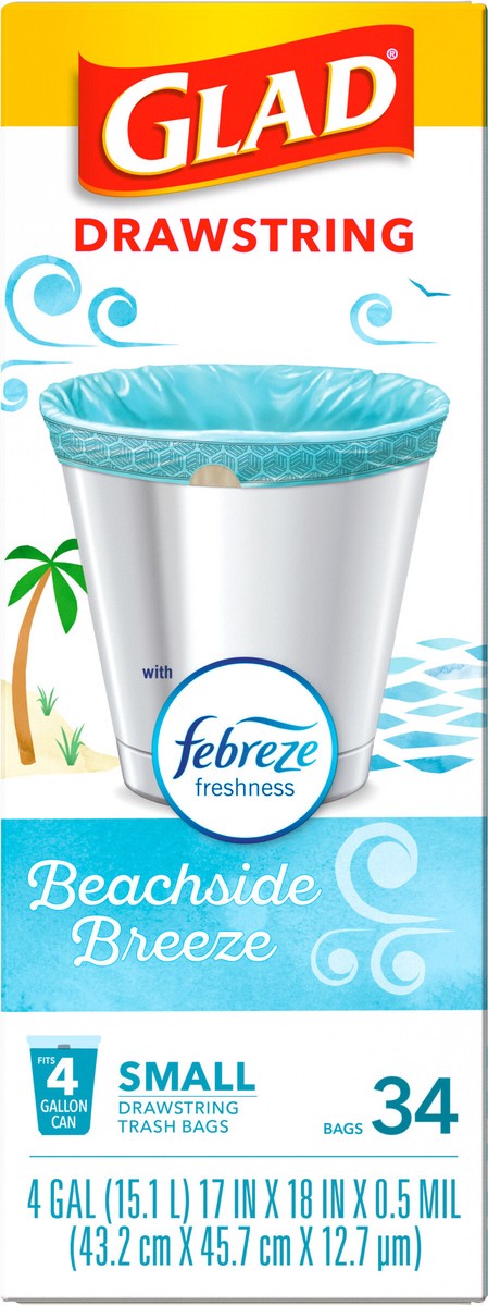 slide 4 of 8, Glad OdorShield Small Drawstring Febreze Beachside Breeze Trash Bags, 34 ct