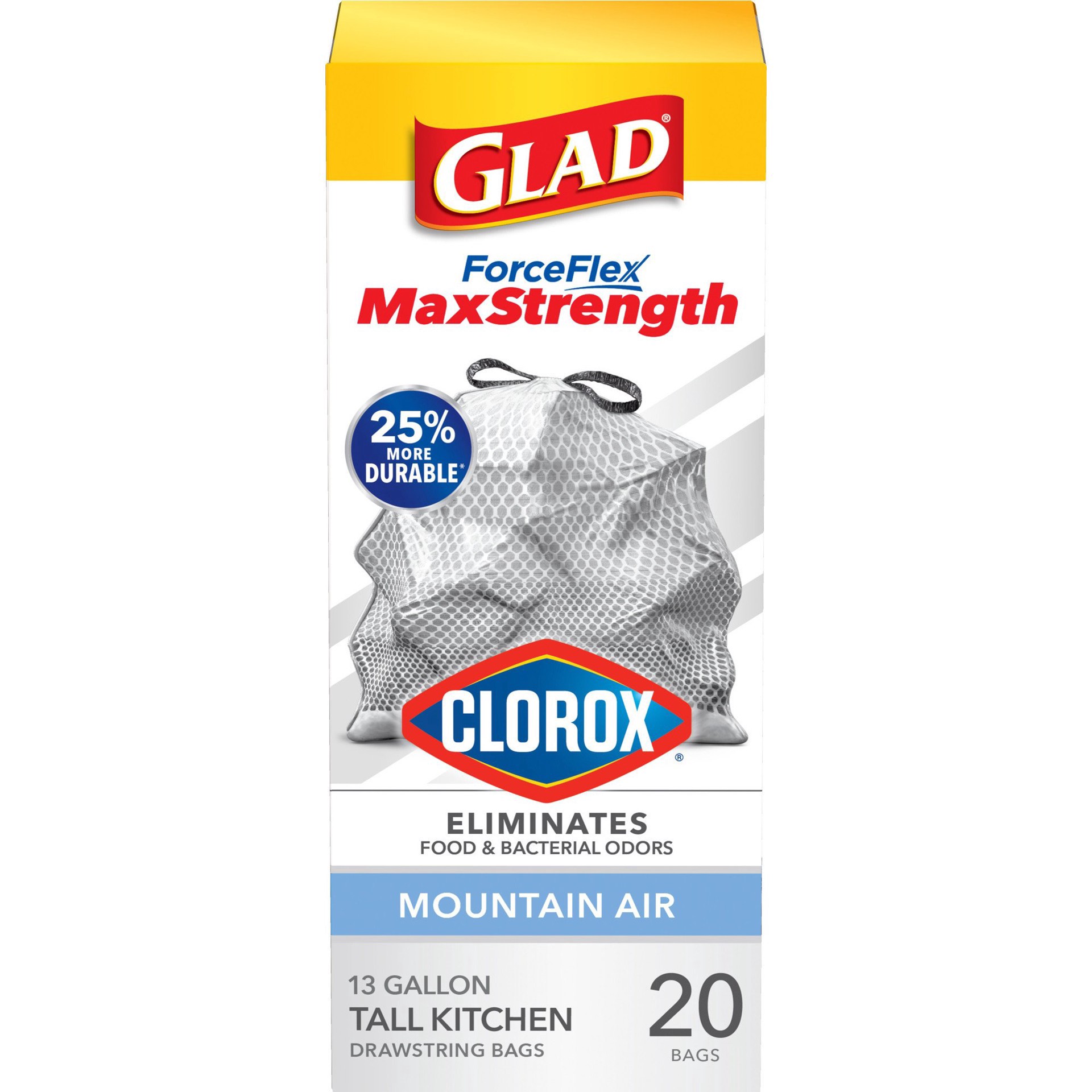 slide 1 of 1, Glad ForceFlex MaxStrength Tall Kitchen Drawstring Trash Bags with Clorox, 13 Gallon - Mountain Air Scent, 20 ct