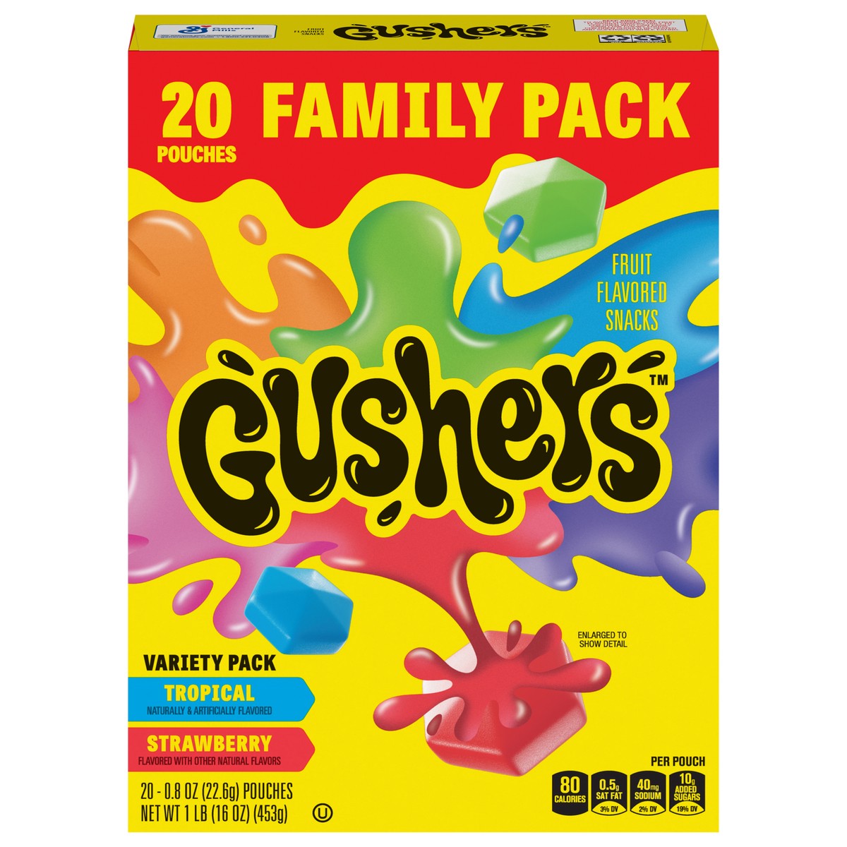 slide 1 of 9, Fruit Gushers Fruit Flavored Snacks, Tropical and Strawberry Flavors, Stocking Stuffers, Family Pack, 20 Ct, 16 oz, 20 ct