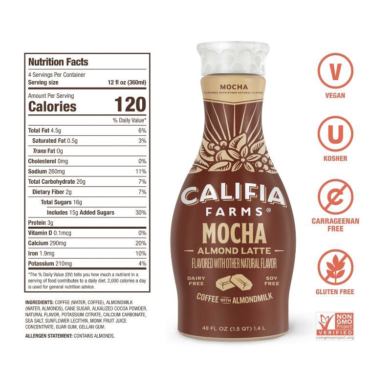 slide 5 of 7, Califia Farms Mocha Cold Brew Coffee with Almond Milk - 48 fl oz, 48 fl oz
