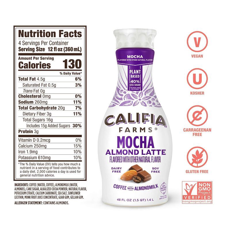 slide 6 of 11, Califia Farms Mocha Cold Brew Coffee with Almond Milk - 48 fl oz, 48 fl oz