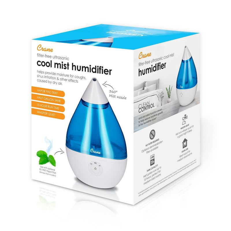 slide 2 of 10, Crane Droplet Ultrasonic Cool Mist Humidifier - Blue/White, 1 ct
