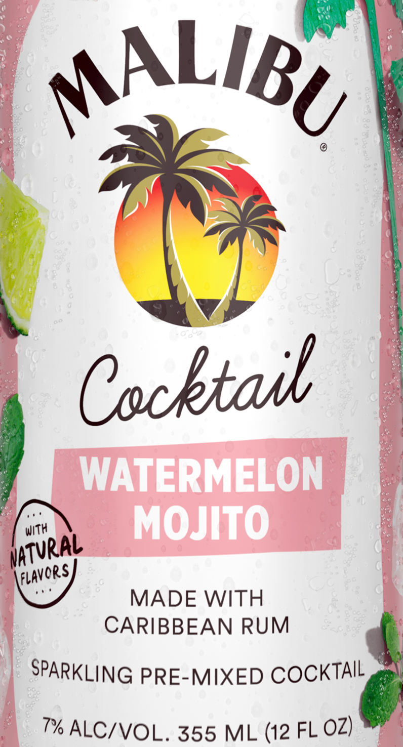 slide 2 of 6, Malibu Rum Cans Malibu Ready to Drink Cocktail Watermelon Mojito 355mL 4 pack, 14 Proof, 355 ml