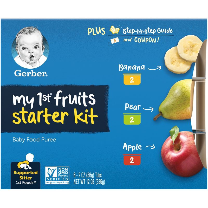 slide 1 of 7, Gerber Baby Food Stage 1 My 1st Fruits Starter Kit Puree 2oz Tubs (6 Pack), 6 ct; 2 oz