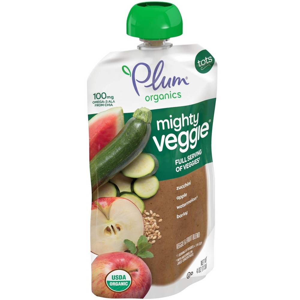 slide 6 of 6, Plum Organics Mighty Veggie Zucchini Apple Watermelon & Barley Baby Food Pouch, 4 oz