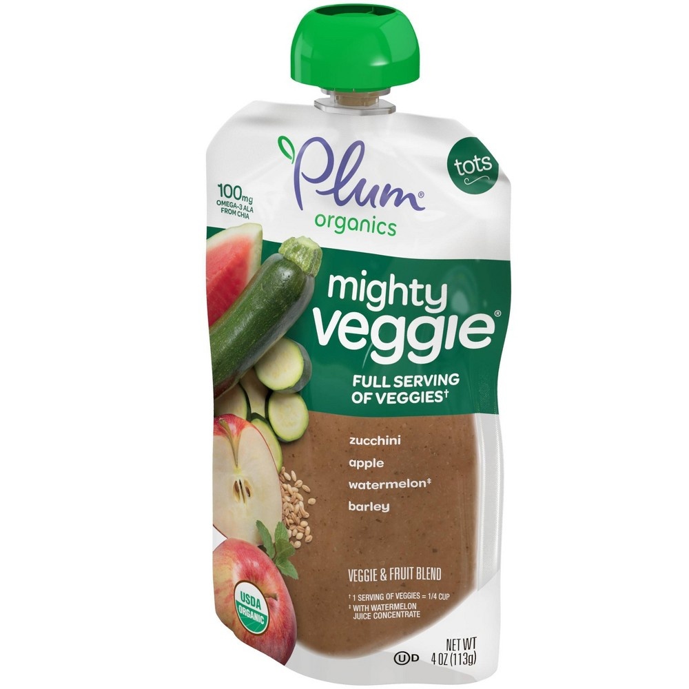 slide 2 of 6, Plum Organics Mighty Veggie Zucchini Apple Watermelon & Barley Baby Food Pouch, 4 oz