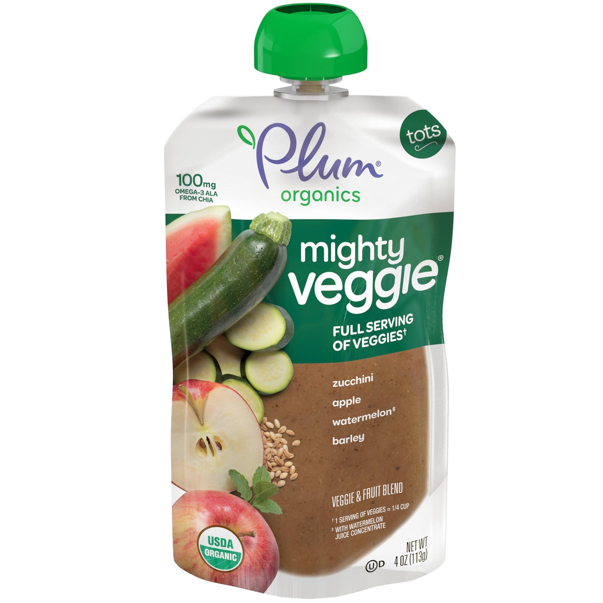 slide 1 of 6, Plum Organics Mighty Veggie Zucchini Apple Watermelon & Barley Baby Food Pouch, 4 oz