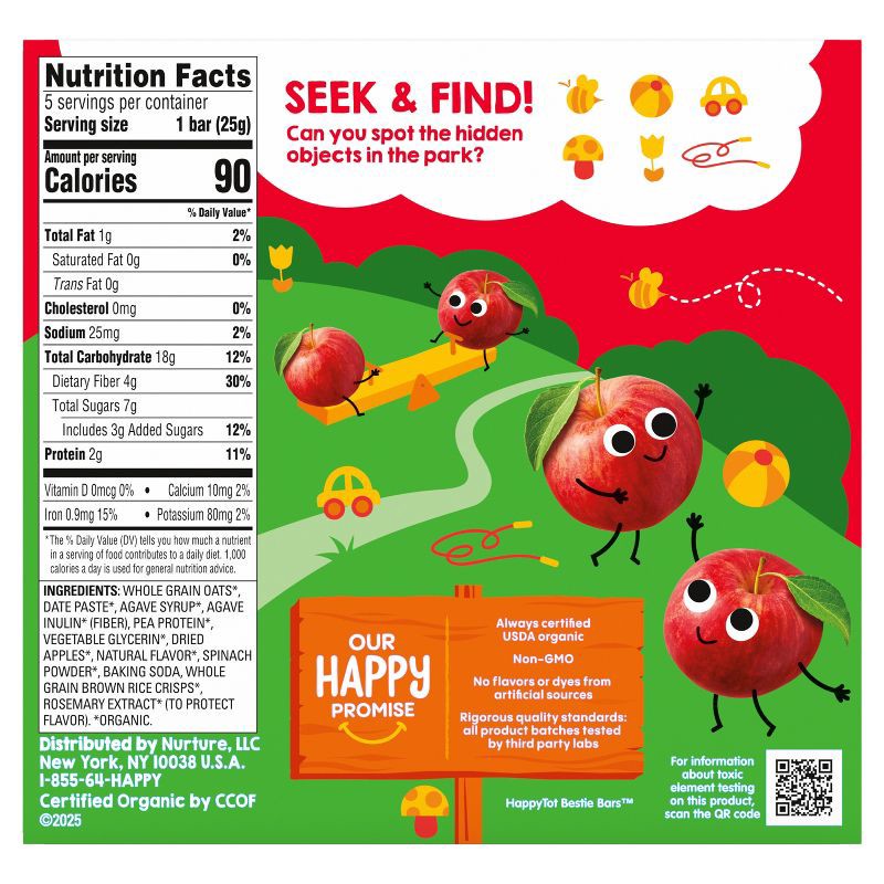 slide 11 of 16, Happy Baby HappyTot Fiber & Protein Organic Apples and Spinach Soft-Baked Oat Bar - 5ct/0.88oz Each, 5 ct, 0.88 oz