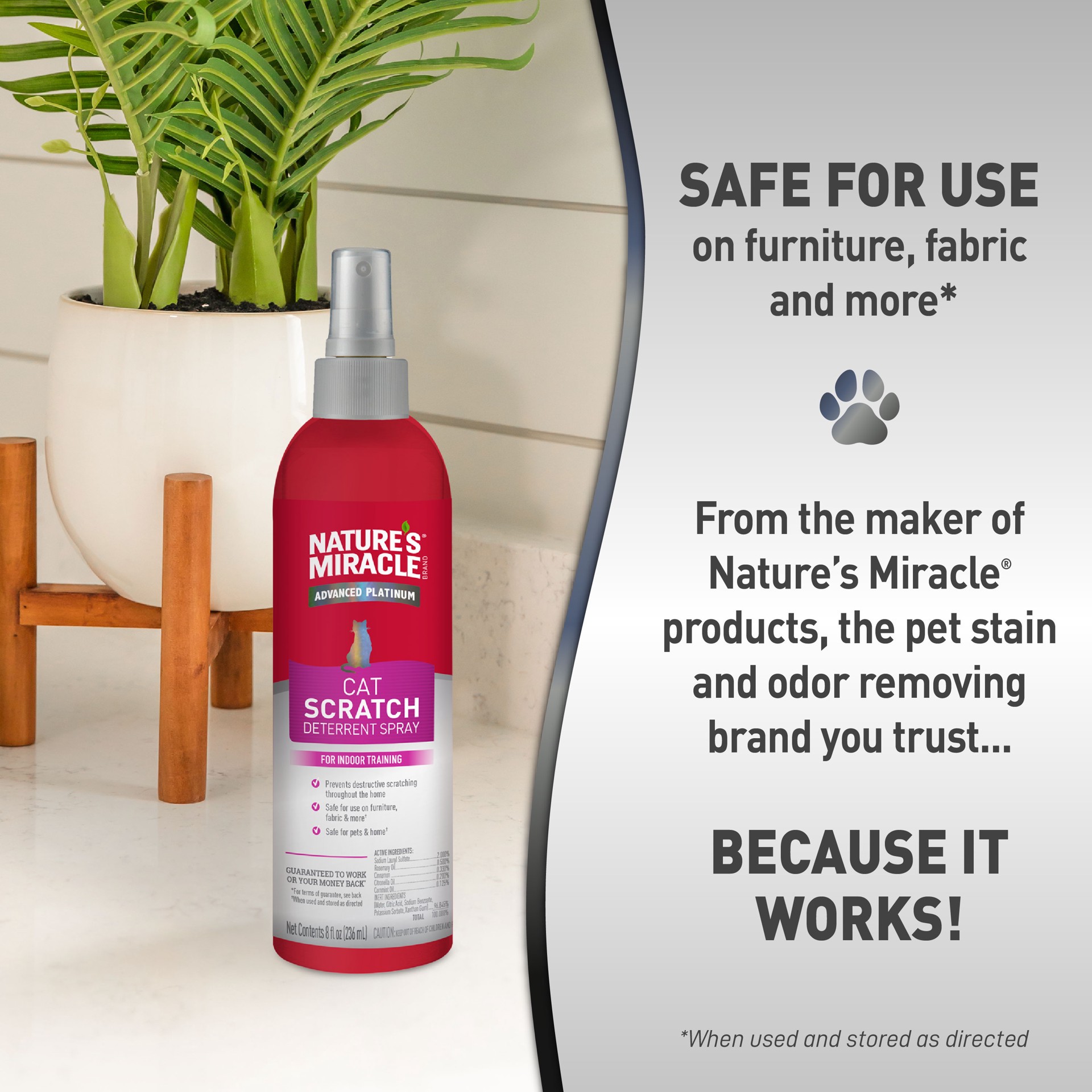 slide 6 of 9, Nature's Miracle Advanced Platinum Cat Scratch Deterrent Spray, 8 Ounces, Discourages Destructive Scratching, 0.63 lb