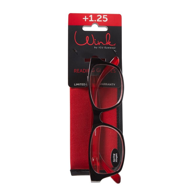 slide 7 of 7, ICU Eyewear Wink Glendale Reading Glasses - Large Black Rectangle - Red Interior +1.25, 1 ct