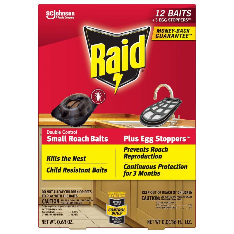 slide 4 of 13, Raid Double Control Small Roach Baits Plus Egg Stoppers 12+3 ct: Indoor Insecticide, Avermectin Formula, 0.27 lb, 3 ct, 0.27 lb