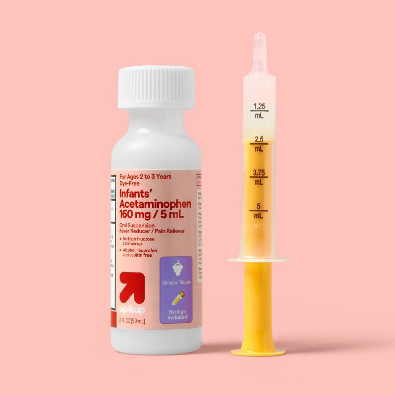 slide 2 of 6, Infants' Dye-Free Acetaminophen Fever Reducer/Pain Reliever Liquid - Grape - 2 fl oz - up&up™, 2 fl oz
