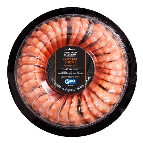 slide 1 of 1, Lidl Preferred Selection frozen cooked shrimp ring tray with cocktail sauce, 16 oz