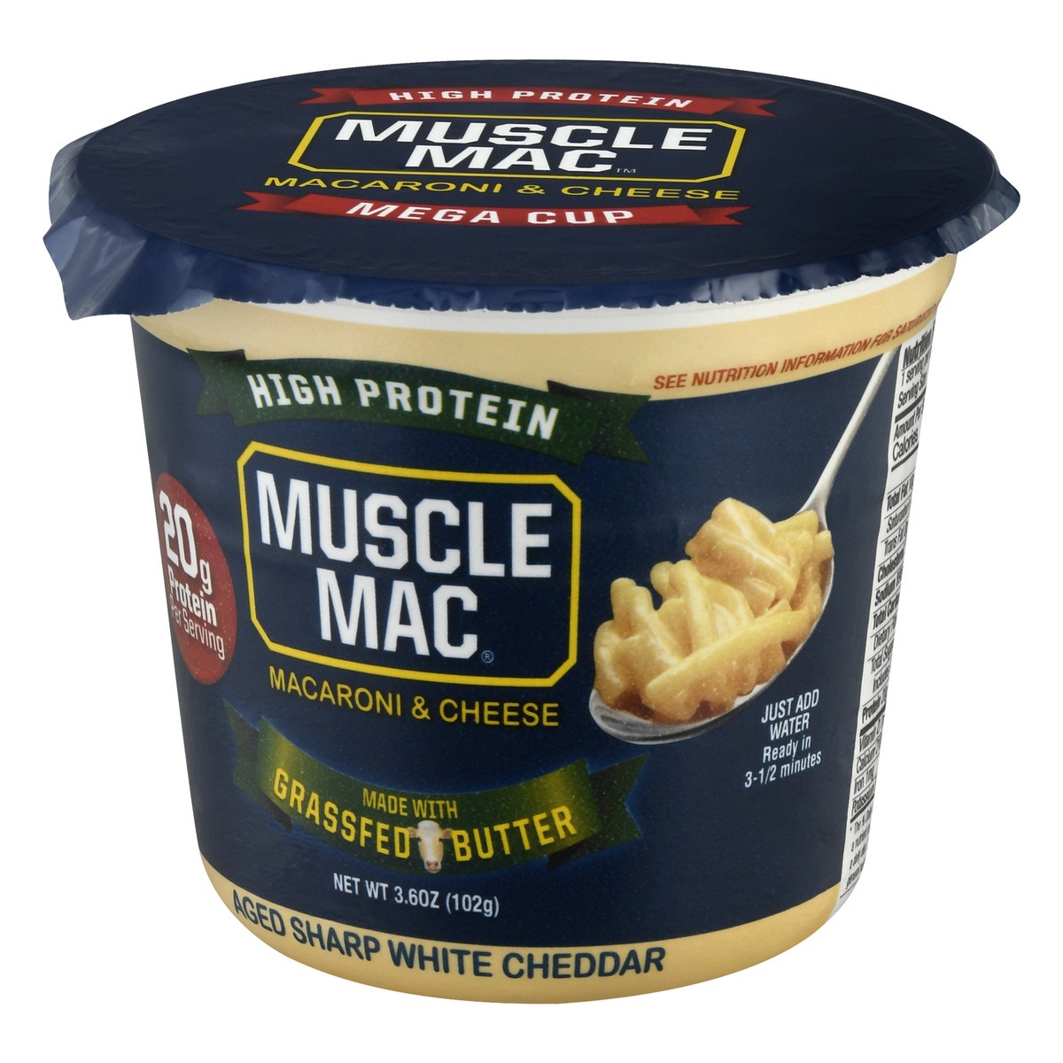 slide 2 of 9, Muscle Mac High Protein Macaroni & Cheese Aged Sharp White Cheddar Cup, 3.6 oz