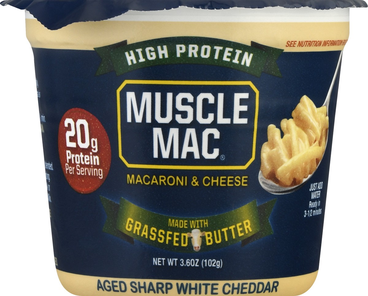 slide 4 of 9, Muscle Mac High Protein Macaroni & Cheese Aged Sharp White Cheddar Cup, 3.6 oz