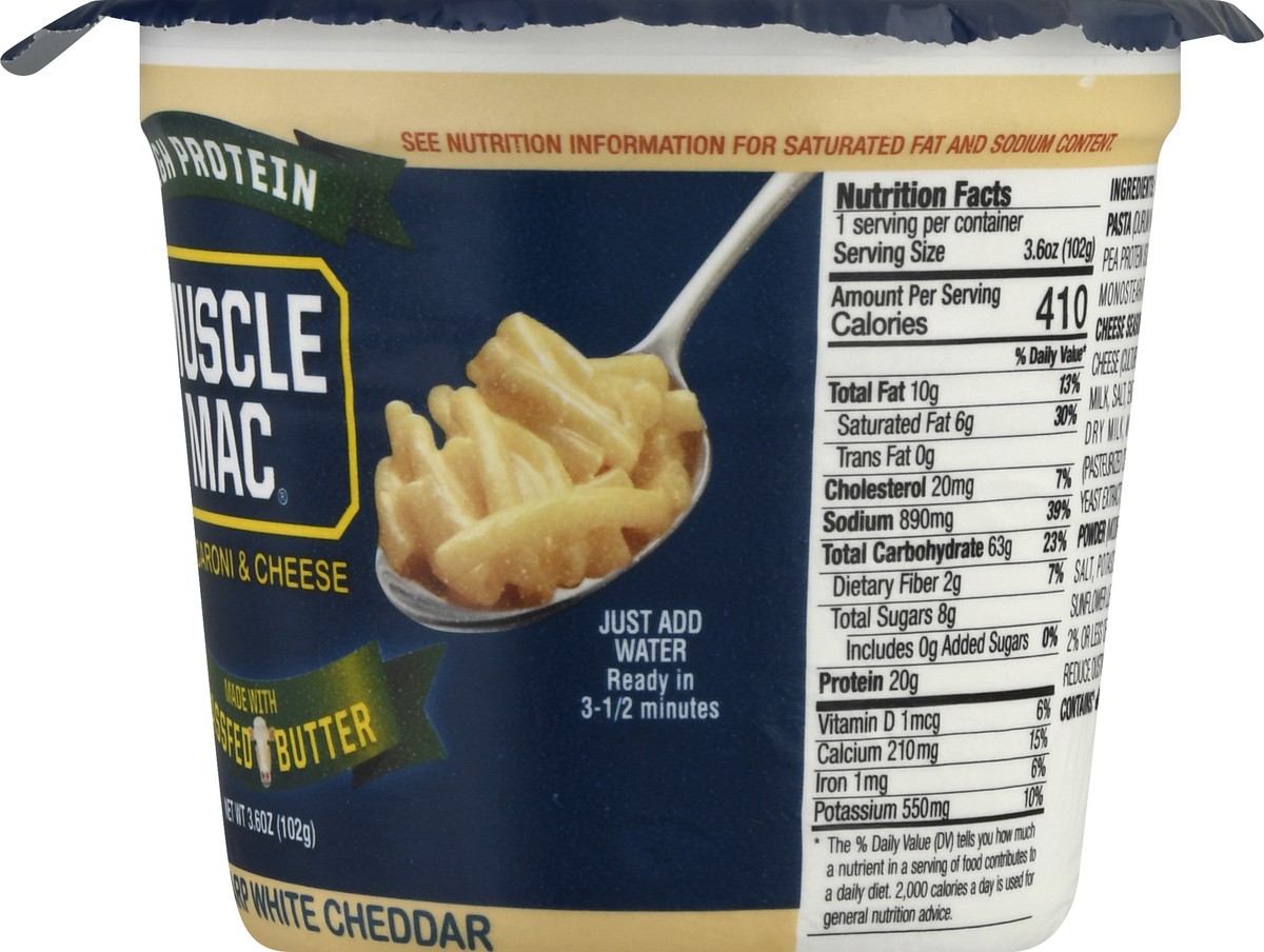 slide 7 of 9, Muscle Mac High Protein Macaroni & Cheese Aged Sharp White Cheddar Cup, 3.6 oz