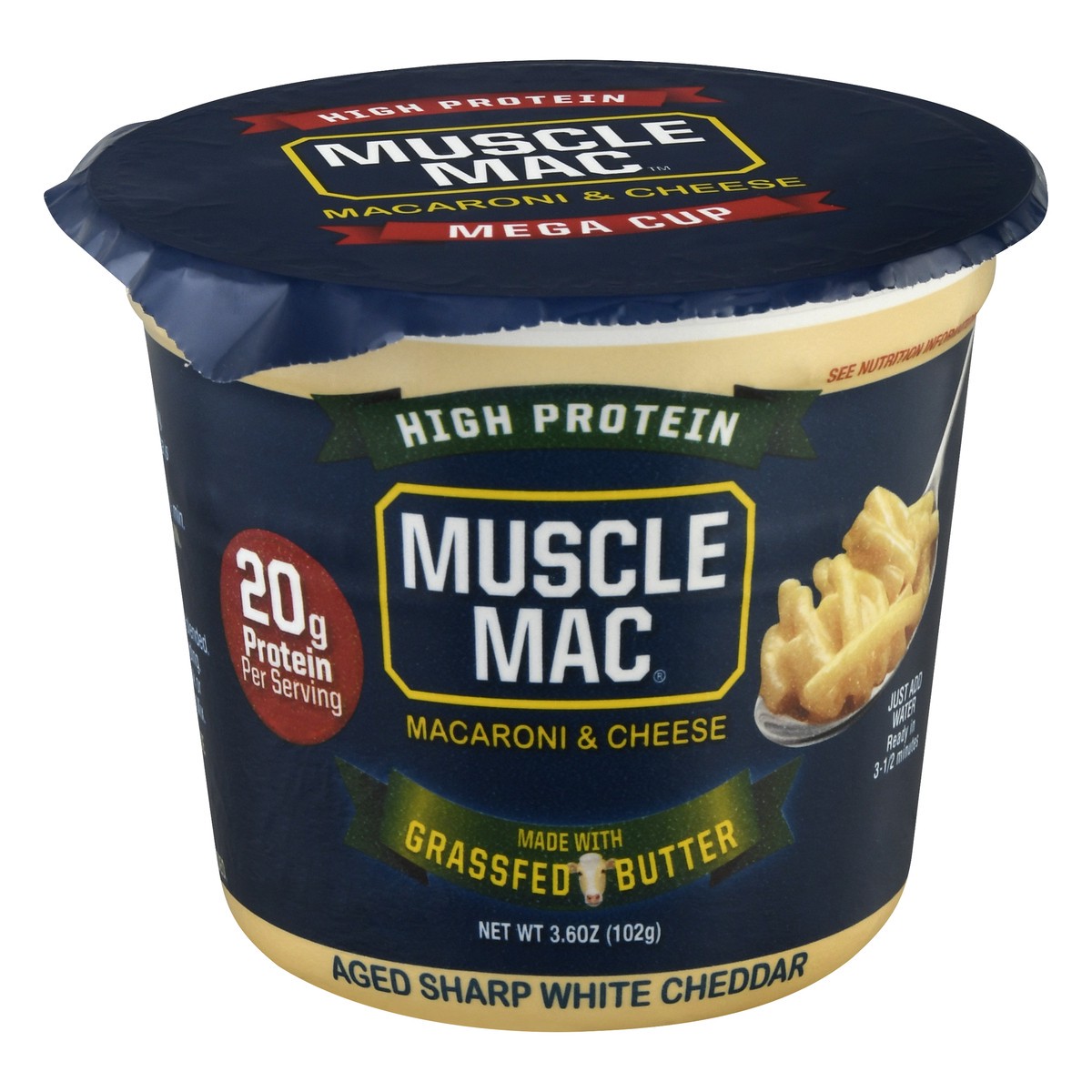 slide 1 of 9, Muscle Mac High Protein Macaroni & Cheese Aged Sharp White Cheddar Cup, 3.6 oz