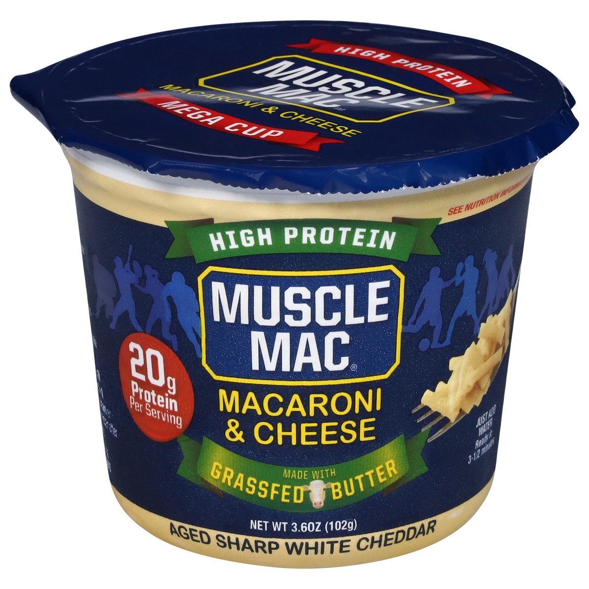 slide 1 of 9, Muscle Mac High Protein Aged Sharp White Cheddar Macaroni & Cheese 3.6 oz, 3.6 oz