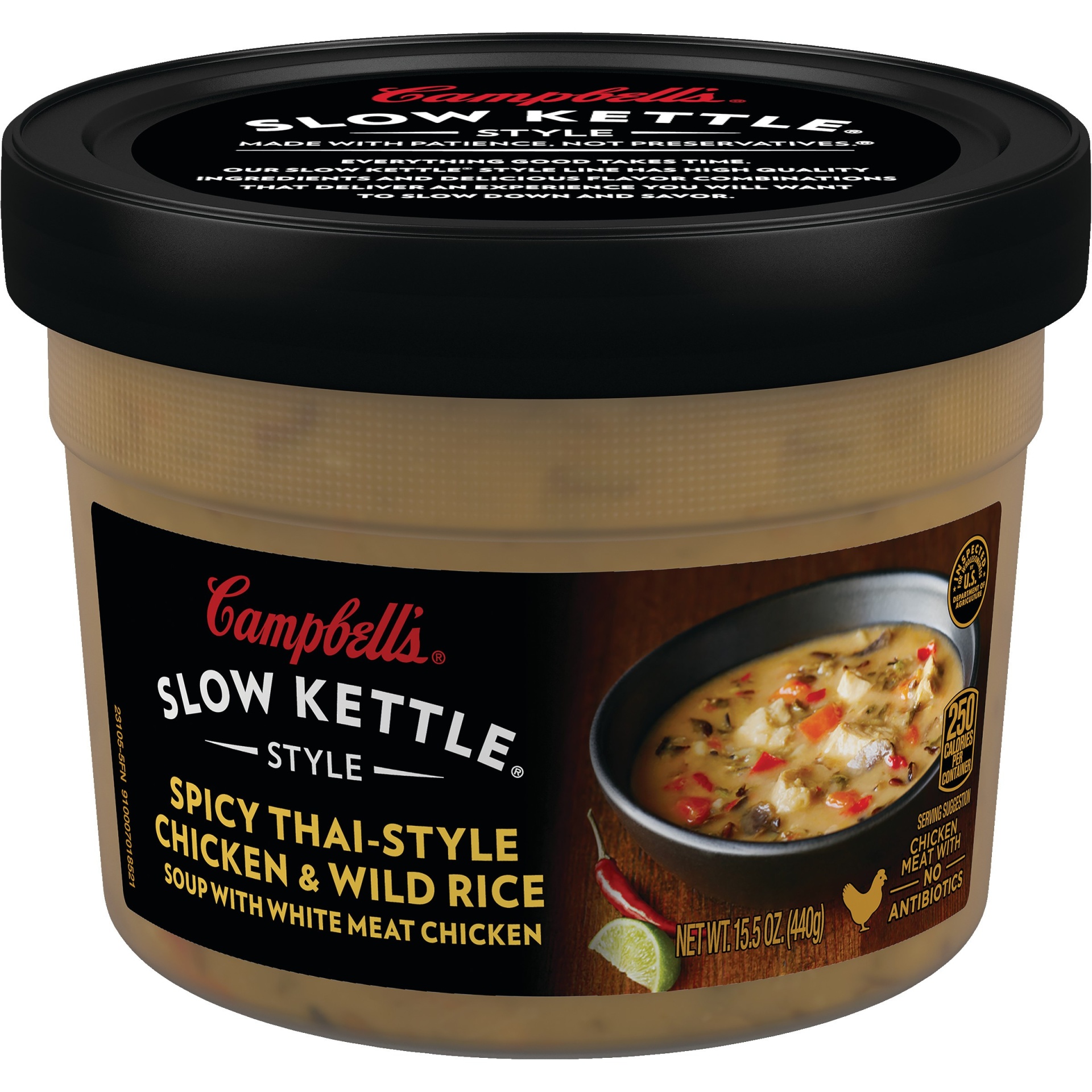 slide 1 of 5, Campbell's Slow Kettle Spicy Thai-Style Chicken & Wild Rice Soup, 15.5 oz