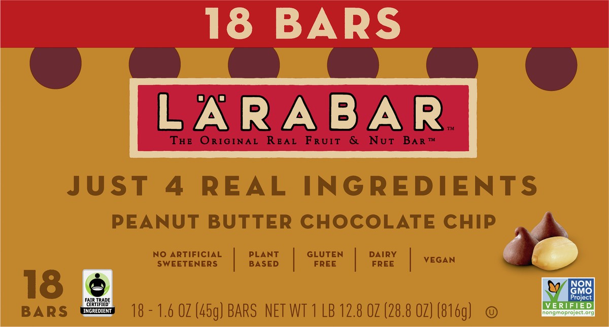 slide 6 of 9, LÄRABAR Peanut Butter Chocolate Chip, Gluten Free Fruit & Nut Bar, 18 Ct, 18 ct