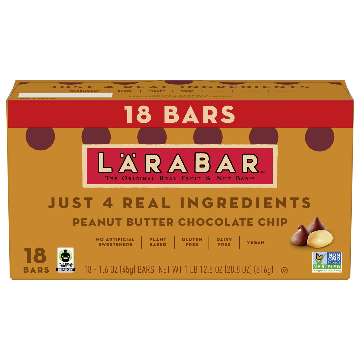 slide 1 of 9, LÄRABAR Peanut Butter Chocolate Chip, Gluten Free Fruit & Nut Bar, 18 Ct, 18 ct