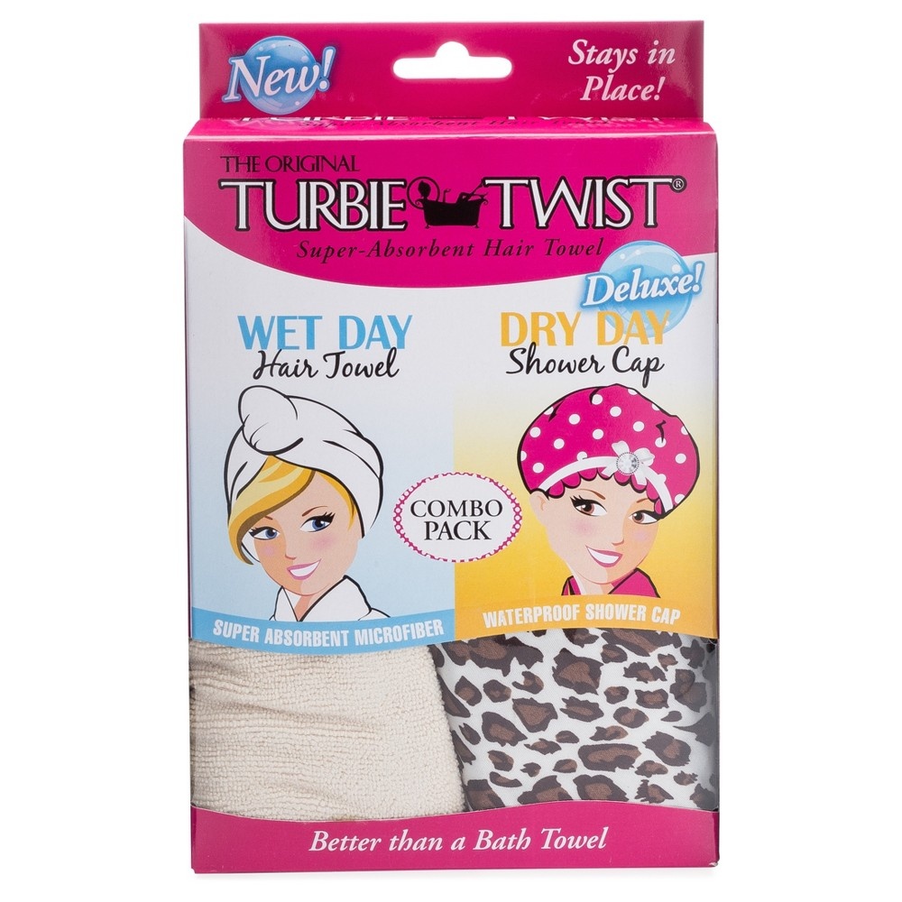 slide 4 of 4, Turbie Twist Cream Microfiber Hair Towel and Leopard Shower cap, 1 ct