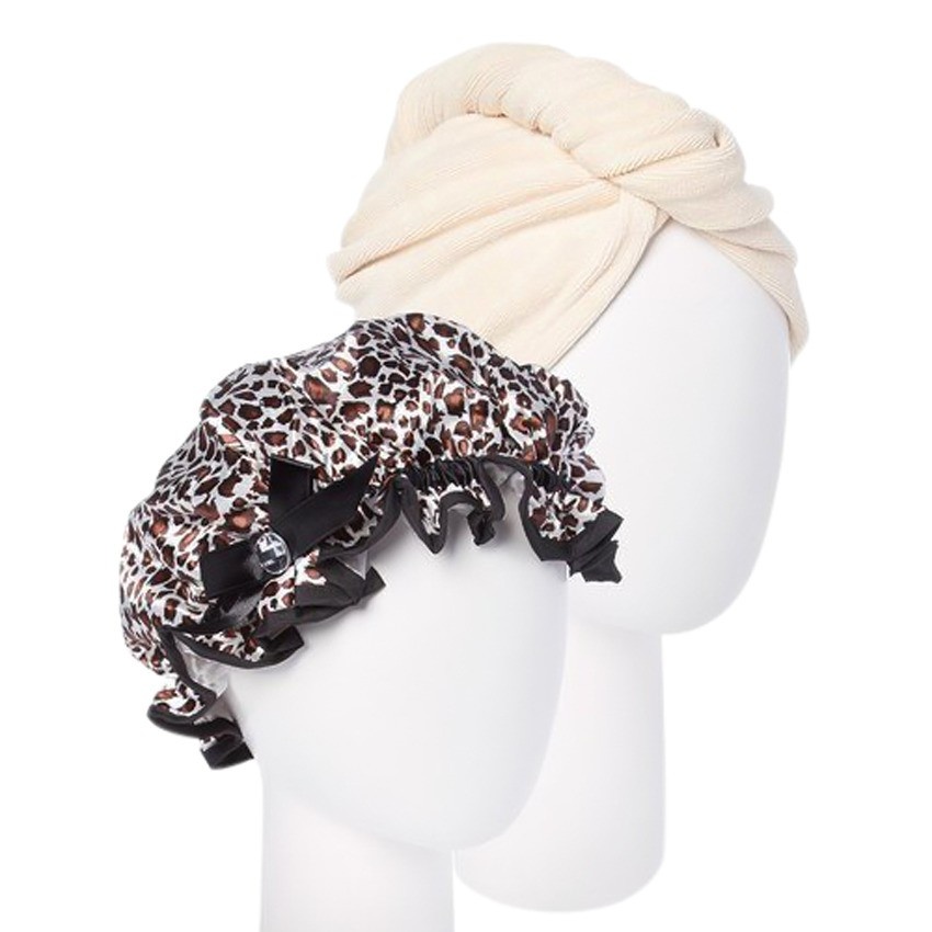 slide 1 of 4, Turbie Twist Cream Microfiber Hair Towel and Leopard Shower cap, 1 ct