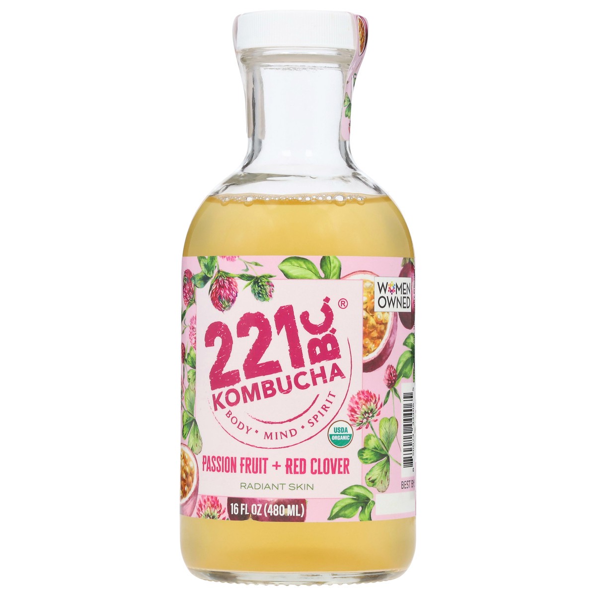 slide 4 of 4, 221 B.C. Radiant Skin Passion Fruit + Red Clover Kombucha 16 fl oz, 16 fl oz