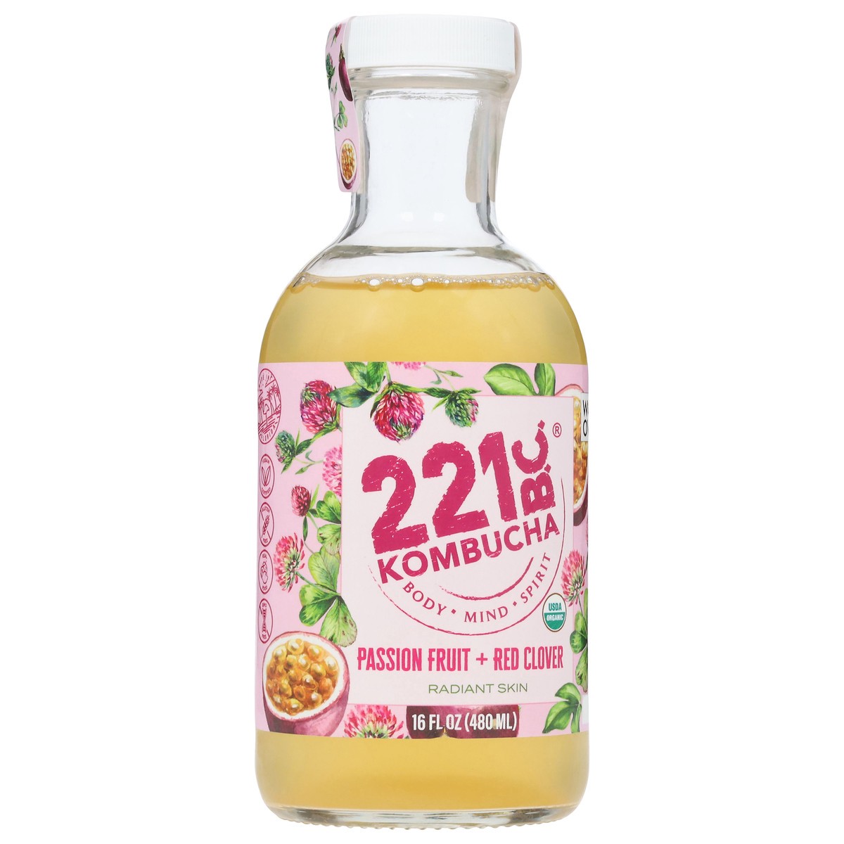 slide 2 of 4, 221 B.C. Radiant Skin Passion Fruit + Red Clover Kombucha 16 fl oz, 16 fl oz