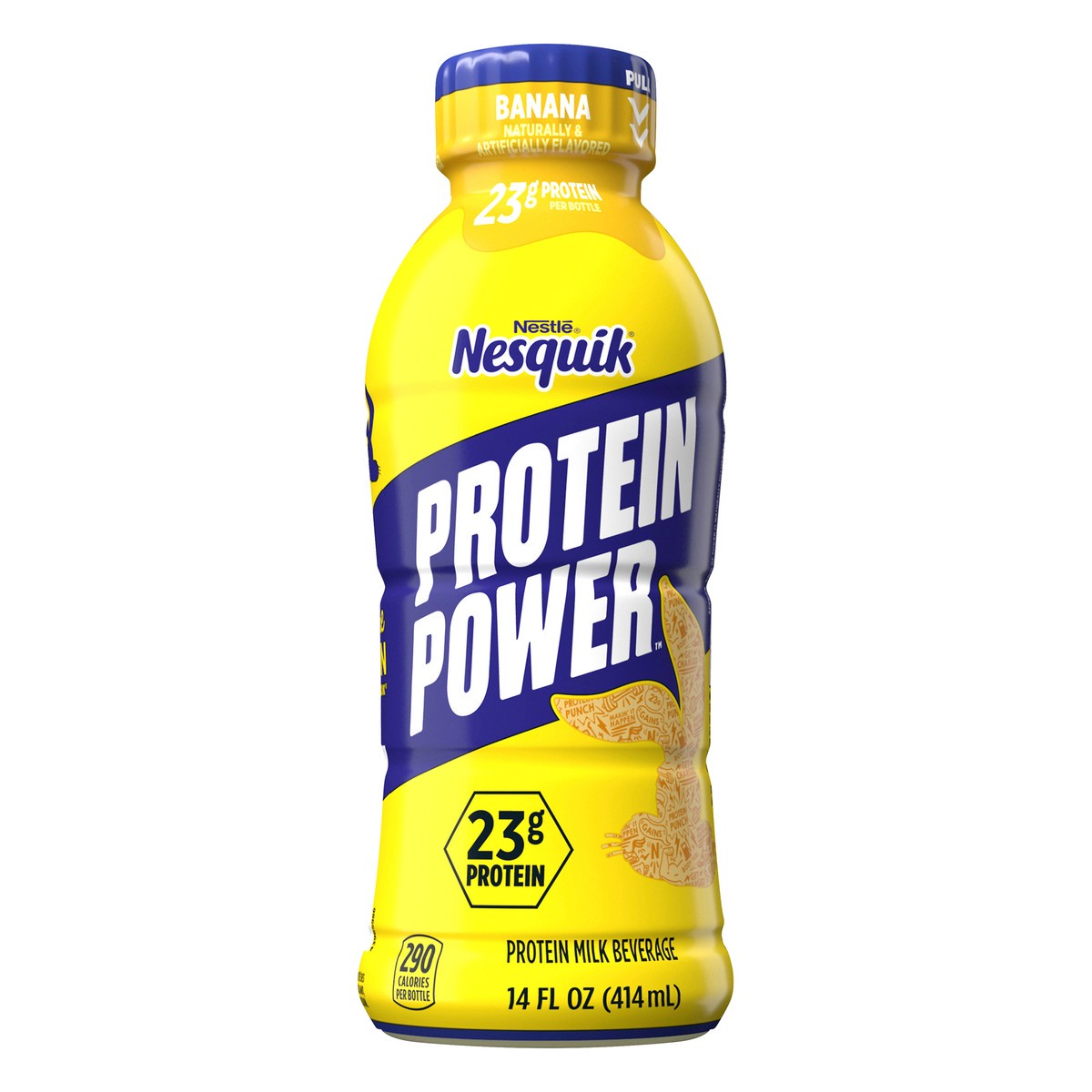 slide 1 of 8, Nesquik Nestle NESQUIK Protein Power Buncha Banana Milk, Pack of 12 – Ready to Serve Milk Drink with 23 grams of Protein in a Resealable Bottle, 14 fl oz