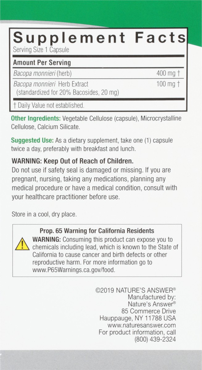 slide 7 of 9, Nature's Answer 500 mg Bacopa 90 Vegetarian Capsules, 90 ct