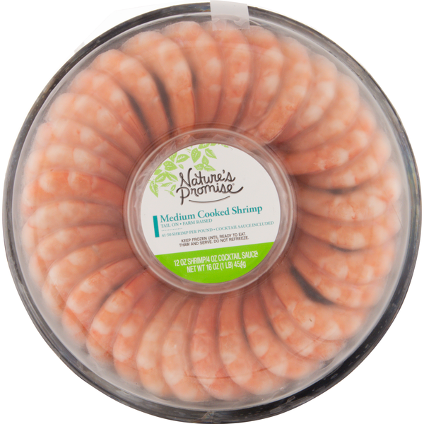 slide 1 of 1, Nature's Promise Farm Raised Med Cooked Shrimp Ring Cocktail Sauce Frozen, 16 oz