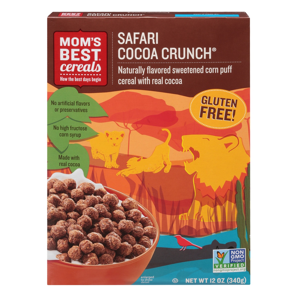 slide 1 of 1, Mom's Best Safari Cocoa Crunch Cereal, Gluten Free, Non-GMO Project Verified, No High Fructose Corn Syrup, Made with Real Cocoa, Kosher, 12 oz