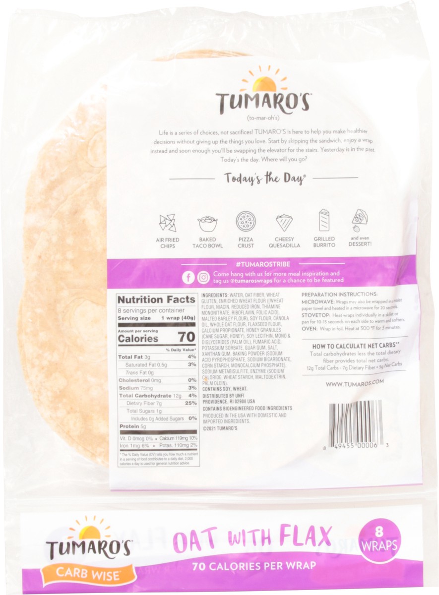 slide 8 of 12, Tumaro's Carb Wise Oat with Flax Wraps 8 ea, 8 ct