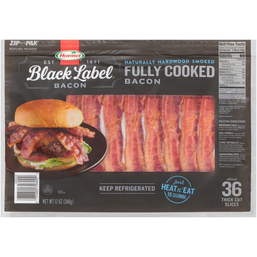 slide 1 of 6, Hormel Black Label Fully Cooked Naturally Hardwood Smoked Bacon, 36 ct