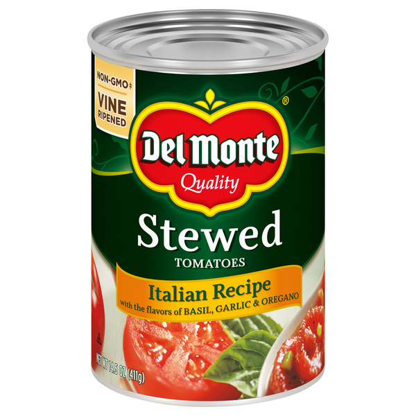 slide 1 of 1, Del Monte Stewed Tomatoes Italian Recipe with Basil Garlic & Oregano, 14.5 oz