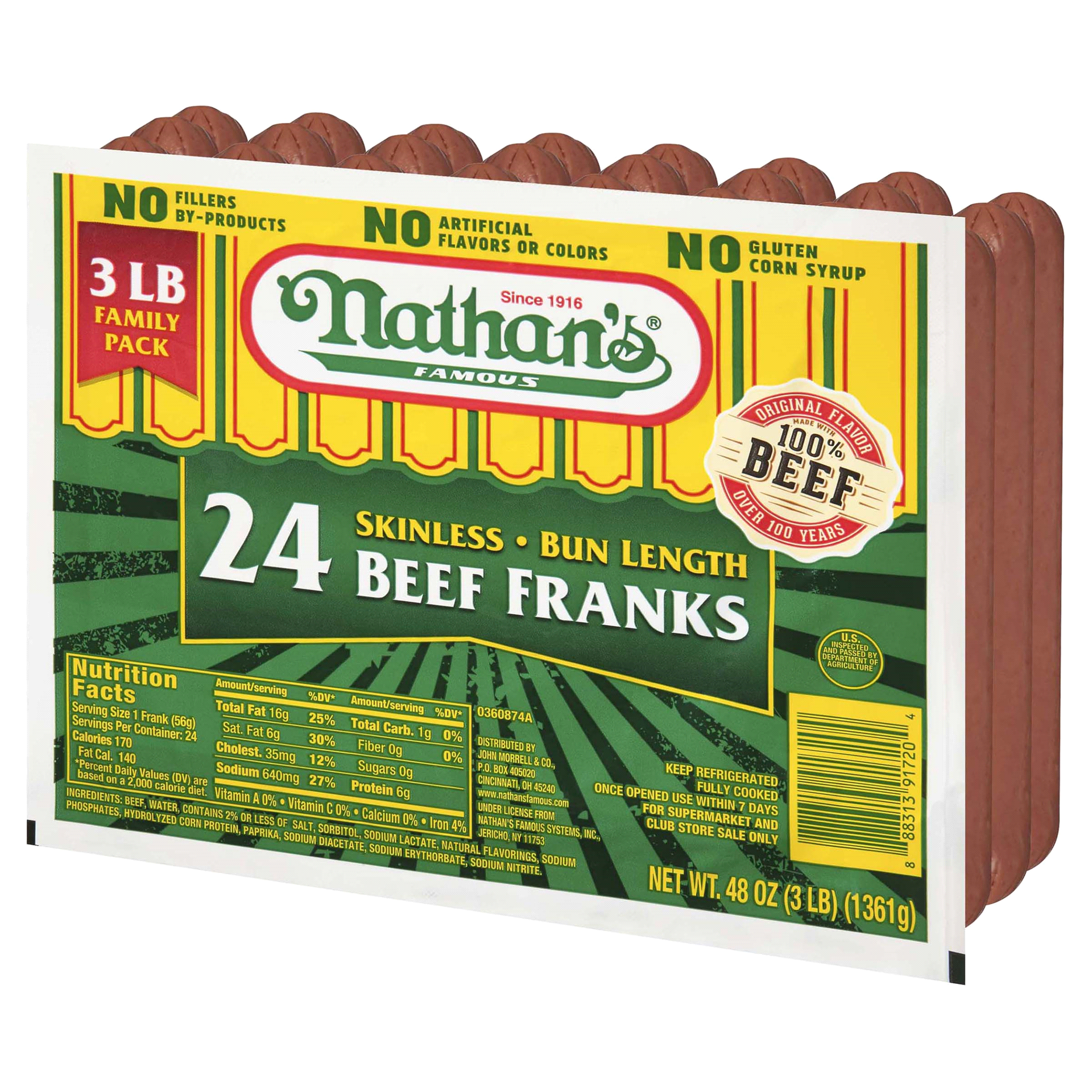 slide 4 of 5, Nathan's Bun Length 3lb. Beef Franks, 3 lb