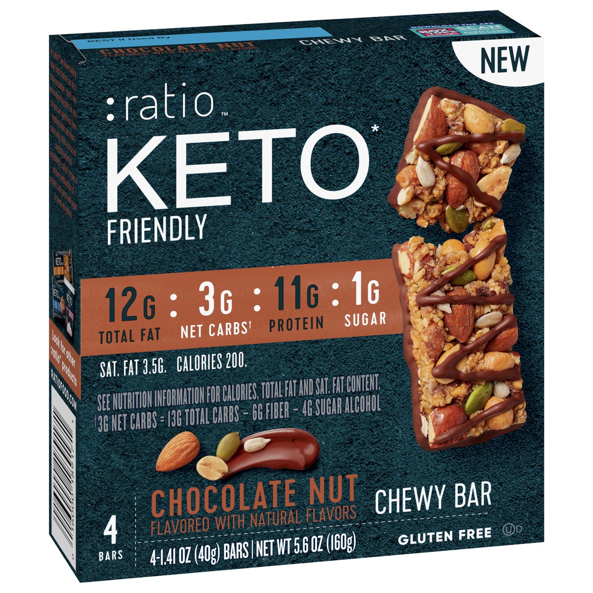 slide 8 of 9, :ratio Chewy Protein Bar, Chocolate Nut, 11g Protein, Keto Friendly, 5.6 OZ (4 Bars), 4 ct