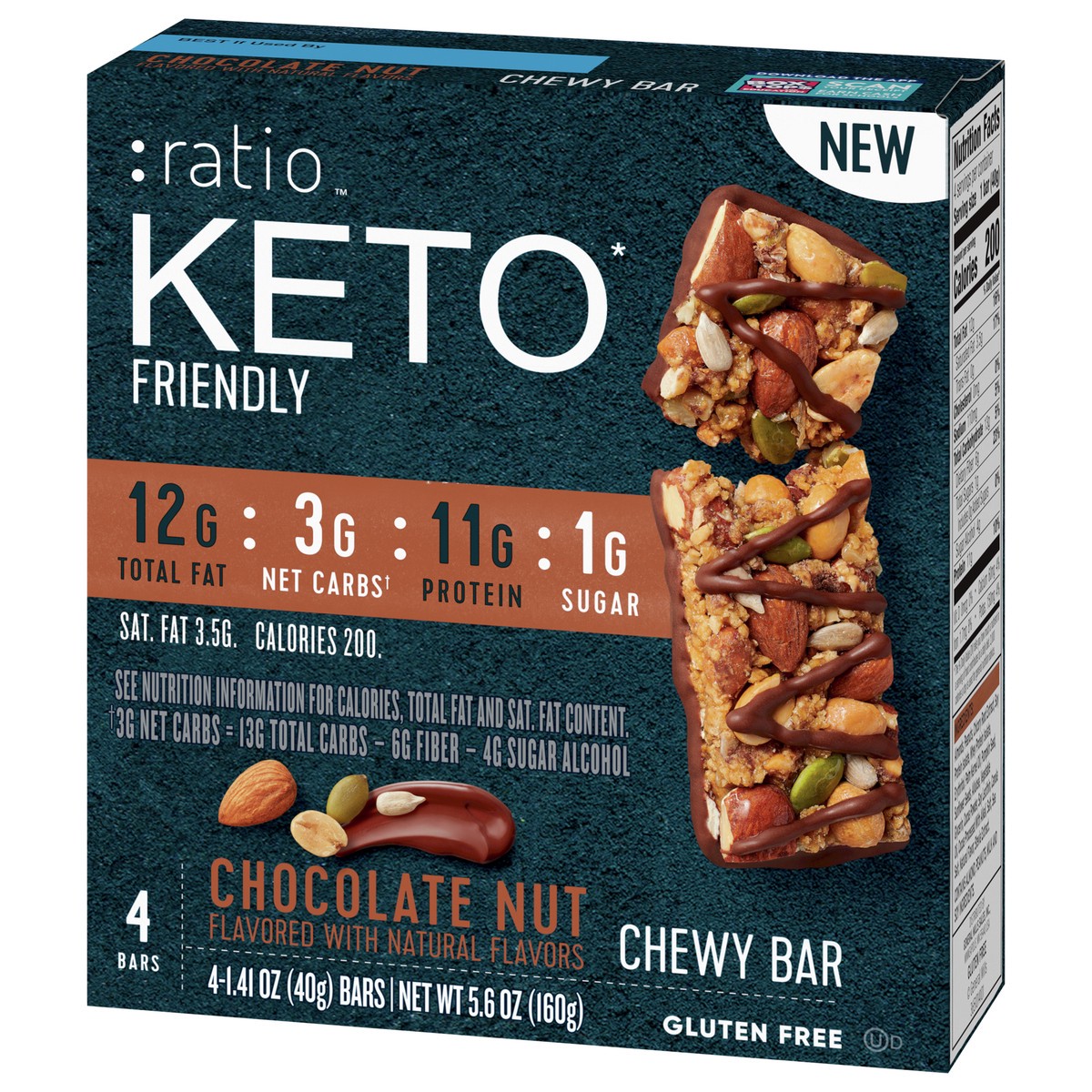 slide 3 of 9, :ratio Chewy Protein Bar, Chocolate Nut, 11g Protein, Keto Friendly, 5.6 OZ (4 Bars), 4 ct