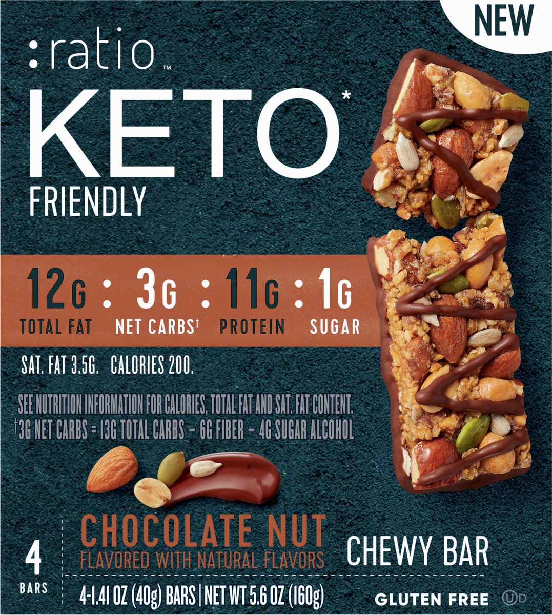 slide 7 of 9, :ratio Chewy Protein Bar, Chocolate Nut, 11g Protein, Keto Friendly, 5.6 OZ (4 Bars), 4 ct