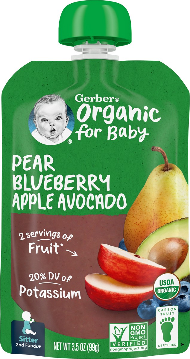 slide 8 of 9, Gerber® pear, blueberry, apple, avocado, organic pouch, 3.5 oz