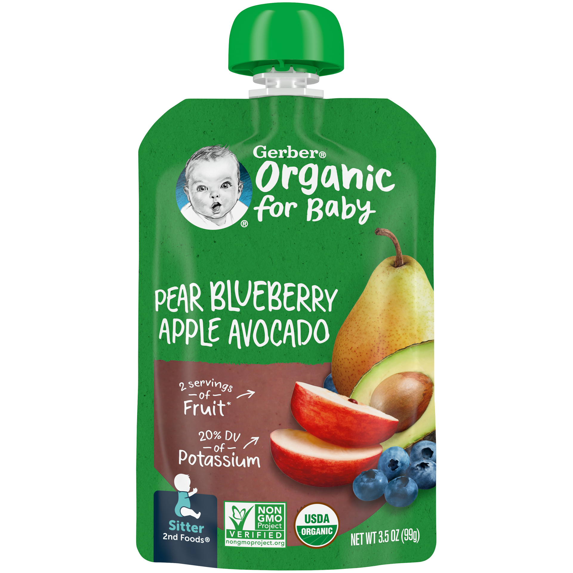 slide 1 of 9, Gerber® pear, blueberry, apple, avocado, organic pouch, 3.5 oz