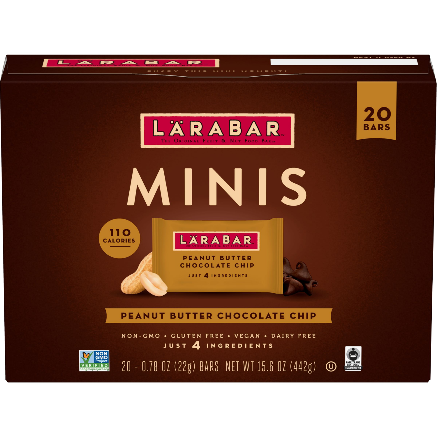 slide 1 of 6, LÄRABAR Peanut Butter Chocolate Chip Mini Bars, Gluten Free Vegan, 20 ct, 15.6 oz